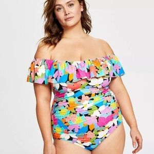 Swim Solutions Floral Off The Shoulder Ruffle One Piece Size 20W